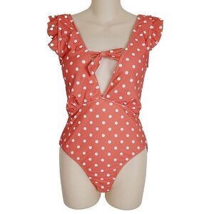 NEW Marina West Swimsuit M Coral Orange Polka Dot Deep V Ruffle Sleeve One Piece